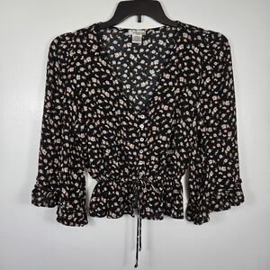 Wild Moss Ditsy Floral Ruffle Bell Sleeve Cottagecore Peplum Blouse Top Small